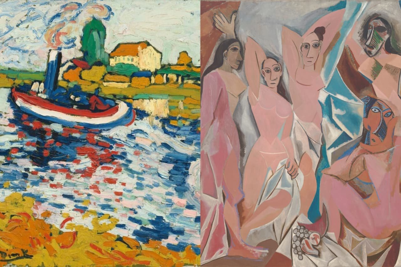Perbandingan visual antara Fauvism (kiri) yang mengandalkan warna ekspresif dan Cubism (kanan) yang menggunakan fragmentasi geometri.